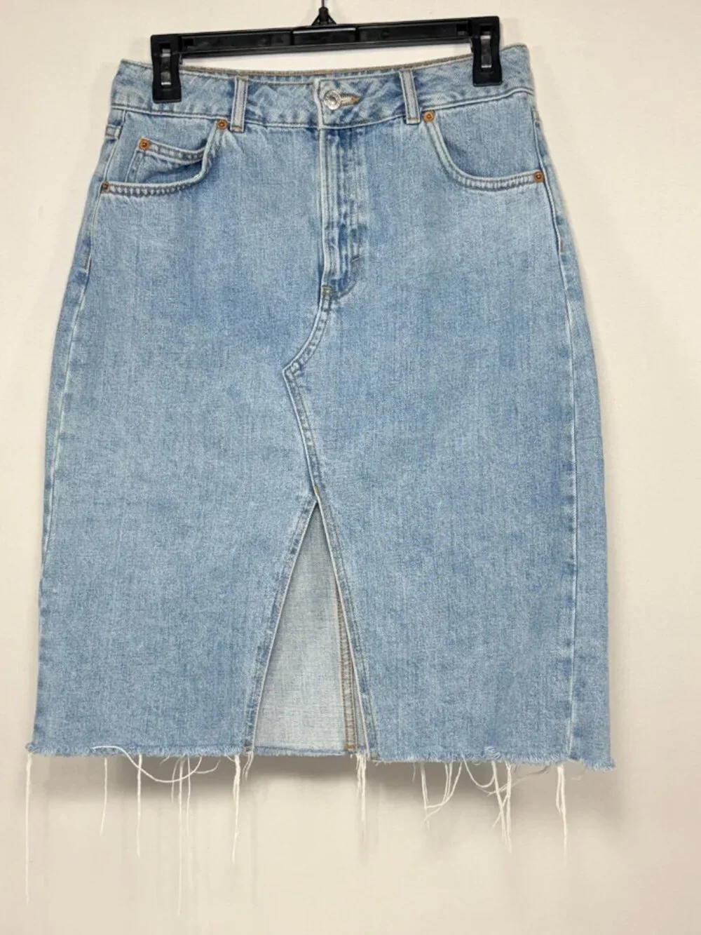 High Waist Topshop‎ Moto Light Wash Cotton Denim Midi Skirt Size 6